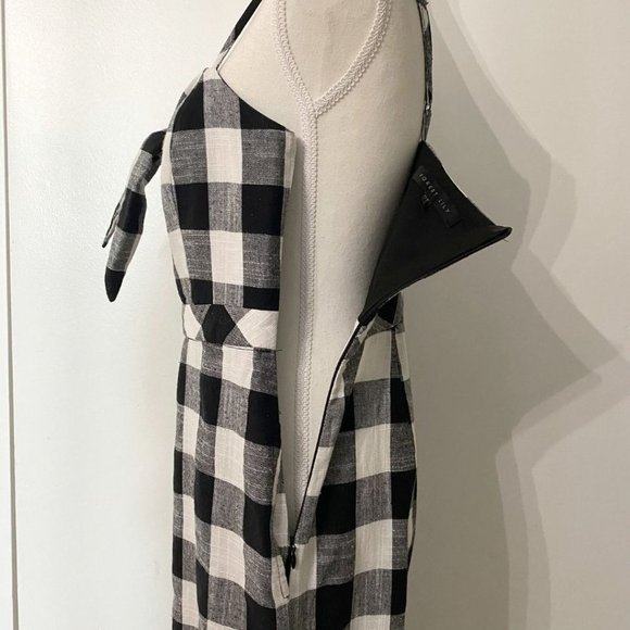 FOREST LILY BLACK WHITE GINGHAM LINEN BLEND TIE FRONT CROPPED WIDE LEG JUMPSUIT - Picture 7 of 10